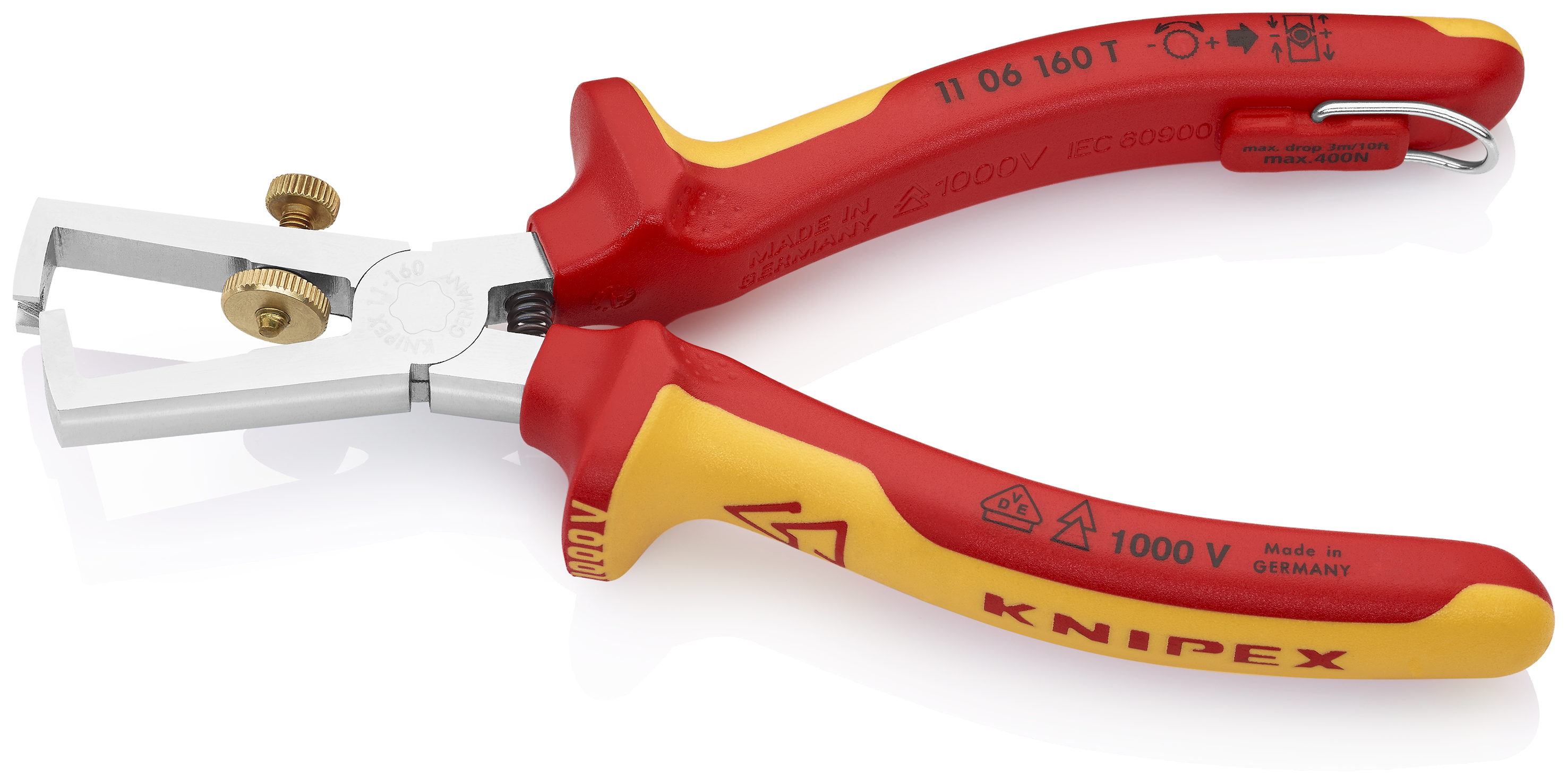 KNIPEX KNIPEX 11 06 160 T Abisolierzange mit Öffnungsfeder, universal 160 mm verchromt isoliert mit Mehrkomponenten-Hüllen, VDE-geprüft; mit integrierter isolierter Befestigungsöse zum Anbringen einer Absturzsicherung