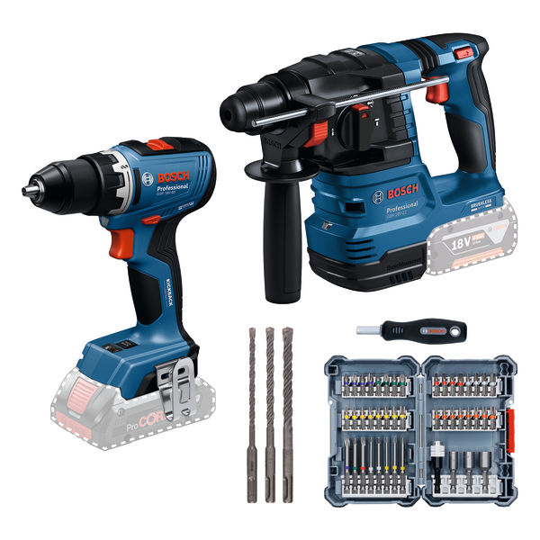BOSCH 2 x 18V-Set: GSR + GBH, 45-tlg. Schraubendreher-Set, 3-tlg. Bohrer-Set BOSCH 2 x 18V-Set: GSR + GBH, 45-tlg. Schraubendreher-Set, 3-tlg. Bohrer-Set