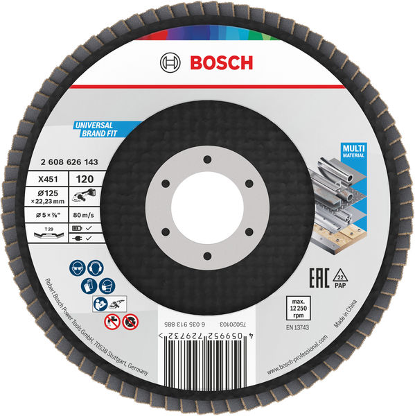 BOSCH X451 Fächerschleifscheibe, 125 x 22,23 mm, K120, Z29, 60-tlg