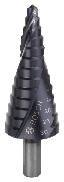 BOSCH Stufenbohrer HSS-AlTiN, 6 - 30 mm, 10 mm, 93,5 mm, 13 Stufen BOSCH Stufenbohrer HSS-AlTiN, 6 - 30 mm, 10 mm, 93,5 mm, 13 Stufen