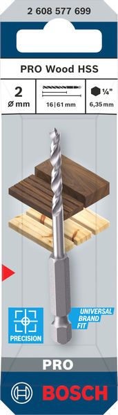 BOSCH PRO Wood HSS-Holzspiralbohrer, 2x16x61 mm BOSCH PRO Wood HSS-Holzspiralbohrer, 2x16x61 mm