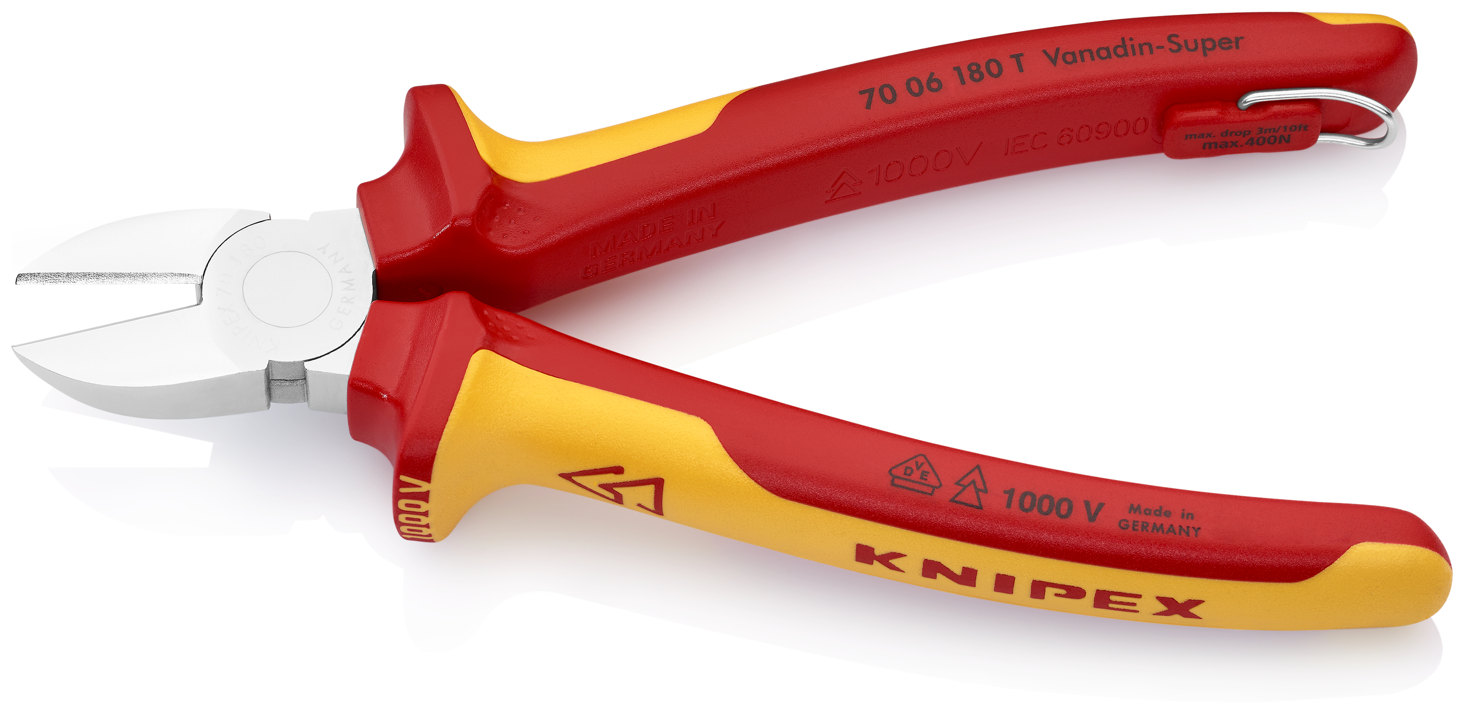 KNIPEX KNIPEX 70 06 180 T Seitenschneider 180 mm verchromt isoliert mit Mehrkomponenten-Hüllen, VDE-geprüft; mit integrierter isolierter Befestigungsöse zum Anbringen einer Absturzsicherung