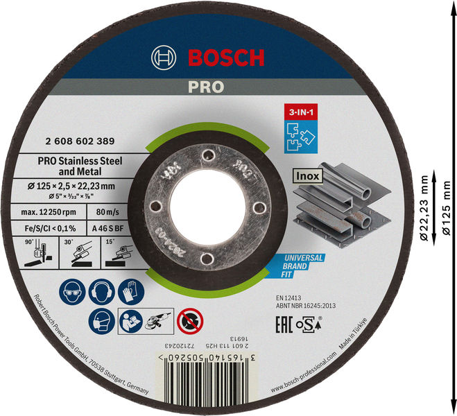 BOSCH PRO Stainless Steel and Metal 3-in-1 Disc, 125 x 2,5 x 22,23 mm