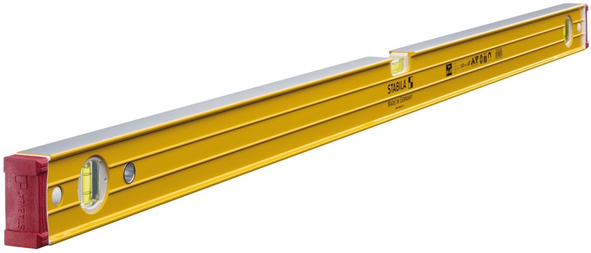 STABILA Magnet-Wasserwaage Type 96-2 M, 122 cm, extrasteifes Alu-Profil, extrastarke Seltenerd-Magnete, 1 Horizontal-/2 Vertikal-Libellen, stoßdämpfende Endkappen, Rutsch-Stopper, Made in Germany