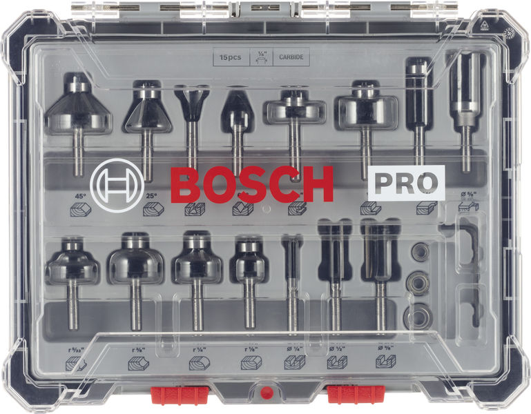 BOSCH PRO Fräsersatz gemischt, Schaft 1/4", 15-tlg
