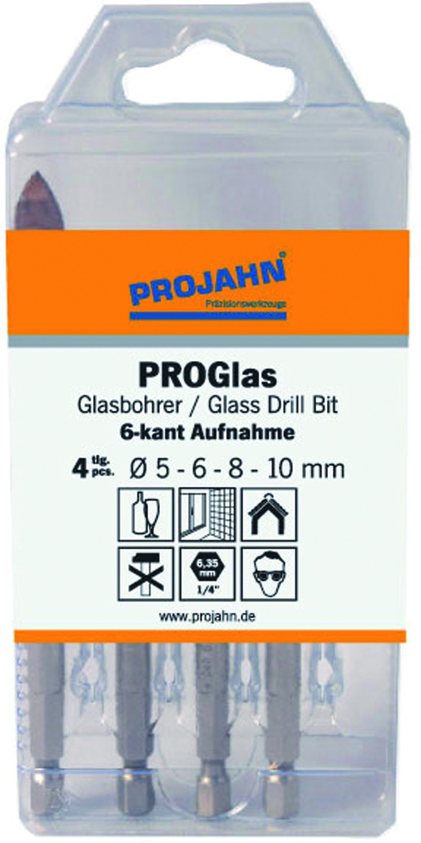 PROJAHN Satz Glasbohrer 1/4" 6-kant Aufnahme 4-tlg. 5, 6, 8, 10 mm PROJAHN Satz Glasbohrer 1/4" 6-kant Aufnahme 4-tlg. 5, 6, 8, 10 mm