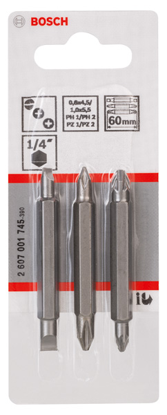 BOSCH Doppelklingenbit-Set, 3-teilig, PH1, PZ1, S 0,6x4,5, PH2, PZ2, S1,0x5,5, 60 mm BOSCH Doppelklingenbit-Set, 3-teilig, PH1, PZ1, S 0,6x4,5, PH2, PZ2, S1,0x5,5, 60 mm