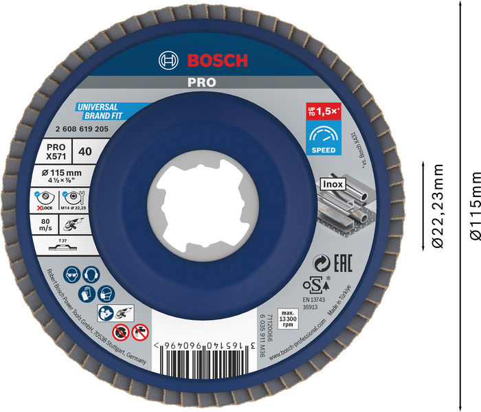 BOSCH PRO X571 Fächerschleifscheibe X-Lock, gerade, 115 mm, K40 BOSCH PRO X571 Fächerschleifscheibe X-Lock, gerade, 115 mm, K40