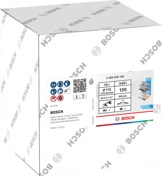 BOSCH X451 Fächerschleifscheibe, 115 x 22,23 mm, K120, Z27, 15-tlg