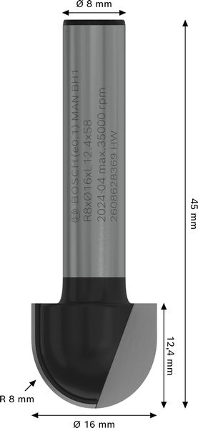 BOSCH PRO Hohlkehlfräser, R 8, Schaft 8 mm BOSCH PRO Hohlkehlfräser, R 8, Schaft 8 mm