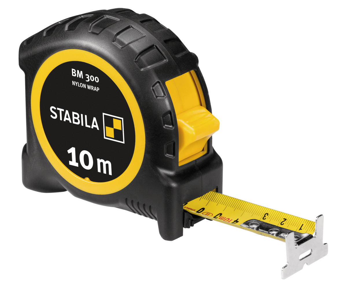 STABILA Taschenbandmaß BM 300, 10 m, Maßband mit doppelseitiger 1000er-Skala, metrisch, bruchsicheres PC/ABS-Gehäuse, SPIKES-Haken, Stahlband mit NYLON-WRAP-Ummantelung, Gürtel-Clip, MID-Genauigkeit
