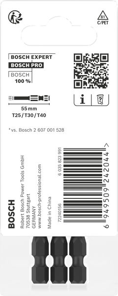 BOSCH PRO T Impact Bit Set, T25, T30, T40, 55 mm, 3-tlg BOSCH PRO T Impact Bit Set, T25, T30, T40, 55 mm, 3-tlg