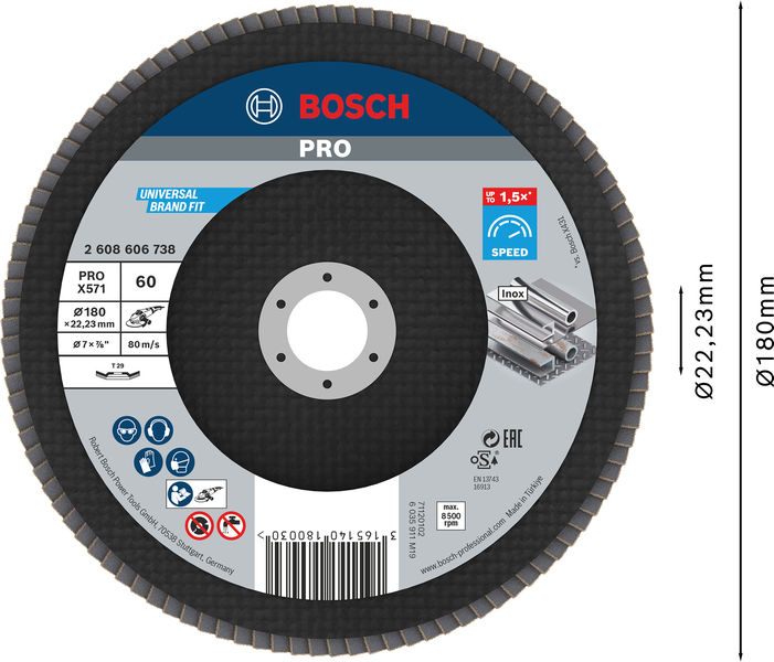 BOSCH PRO X571 Fächerschleifscheibe, gerade, 180 mm, K60