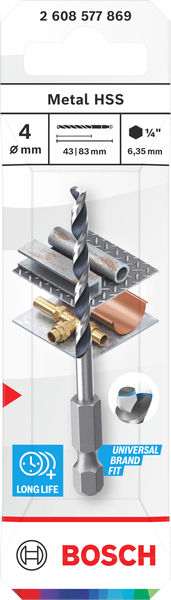 BOSCH Metal HSS Spiralbohrer, 4 x 43 x 83 mm, HEX 1/4“ Schaft BOSCH Metal HSS Spiralbohrer, 4 x 43 x 83 mm, HEX 1/4“ Schaft