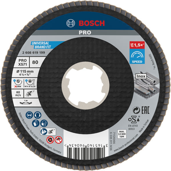 BOSCH PRO X571 Fächerschleifscheibe X-Lock, abgewinkelt, 115 mm, K80