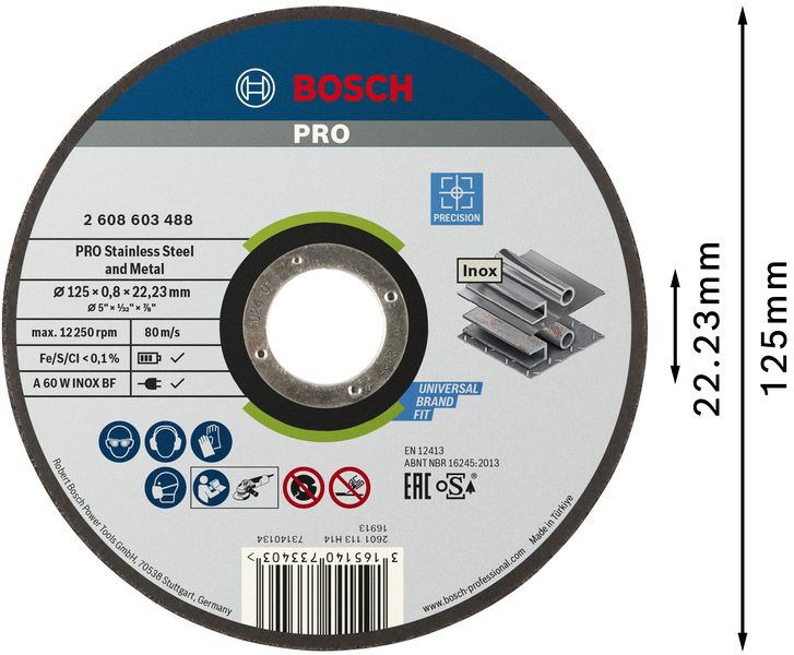 BOSCH PRO Stainless Steel and Metal Gebundene Trennscheibe, 125x0,8x22,23 mm, gerade BOSCH PRO Stainless Steel and Metal Gebundene Trennscheibe, 125x0,8x22,23 mm, gerade