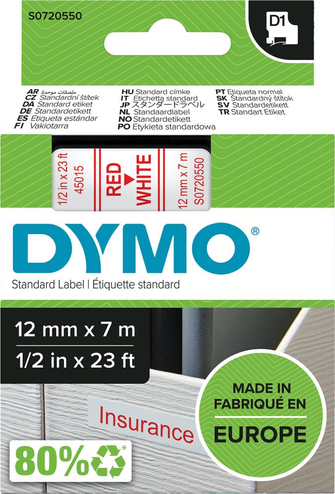 DYMO Schriftband D1 45015 rot/weiß 12mmx7m DYMO DYMO Schriftband D1 45015 rot/weiß 12mmx7m DYMO