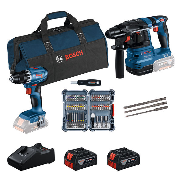 BOSCH 2 x 18V-Set: GSR + GBH + 2 x Bit-Set + 2 x GBA 18V 4.0 Ah + GAL 18V-40