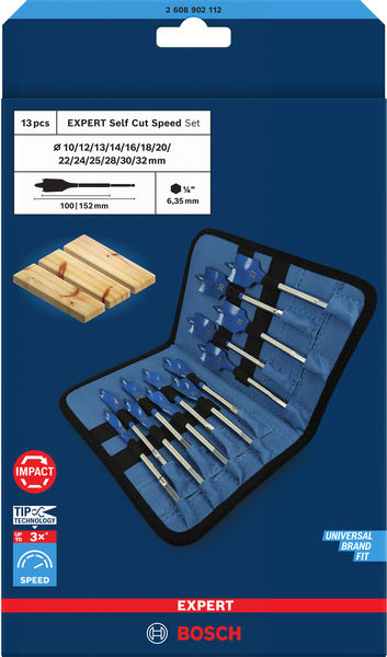 BOSCH EXPERT Self Cut Speed Flachfräsbohrer-Set, 10-32 mm, 13-tlg. BOSCH EXPERT Self Cut Speed Flachfräsbohrer-Set, 10-32 mm, 13-tlg.