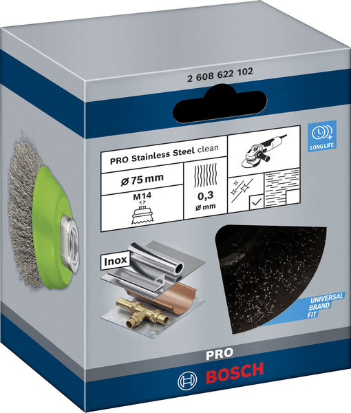BOSCH PRO Stainless Steel clean Topfbürste, 75 x 0,3 mm, Gewinde BOSCH PRO Stainless Steel clean Topfbürste, 75 x 0,3 mm, Gewinde