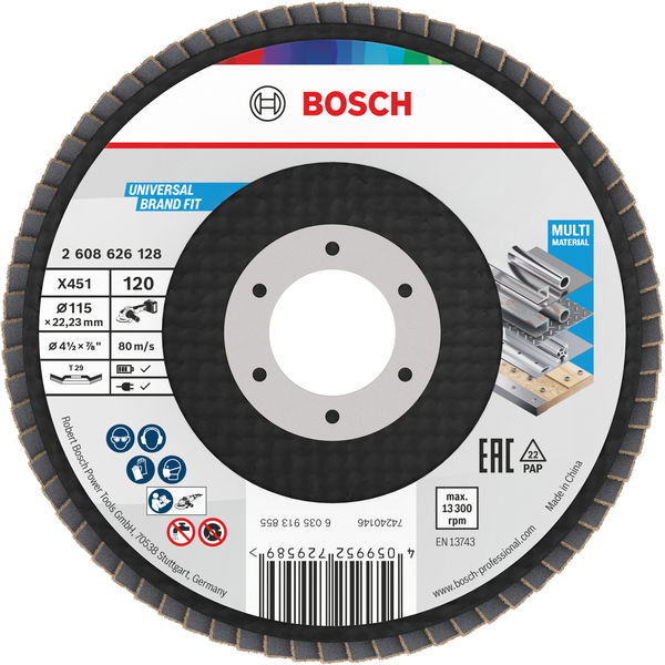 BOSCH X451 Fächerschleifscheibe, 115 x 22,23 mm, K120, Z29, 15-tlg BOSCH X451 Fächerschleifscheibe, 115 x 22,23 mm, K120, Z29, 15-tlg