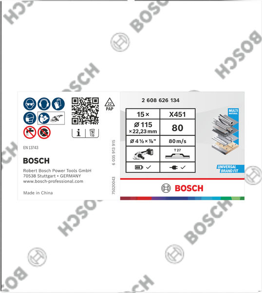 BOSCH X451 Fächerschleifscheibe, 115 x 22,23 mm, K80, Z27, 15-tlg BOSCH X451 Fächerschleifscheibe, 115 x 22,23 mm, K80, Z27, 15-tlg