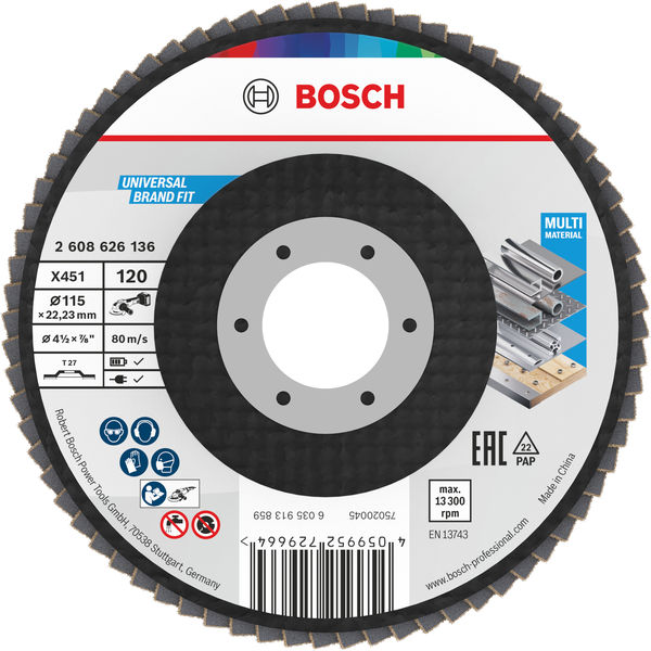 BOSCH X451 Fächerschleifscheibe, 115 x 22,23 mm, K120, Z27, 15-tlg