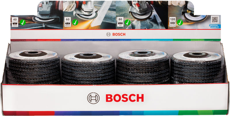 BOSCH X451 Fächerschleifscheiben Set, 115 x 22,23 mm, K40/K60/K80/K120, Z27, 60-tlg BOSCH X451 Fächerschleifscheiben Set, 115 x 22,23 mm, K40/K60/K80/K120, Z27, 60-tlg