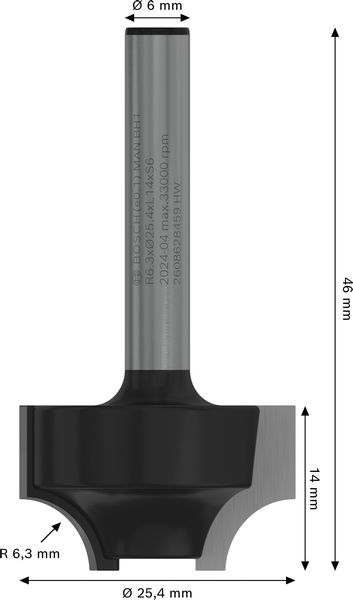BOSCH PRO Abrundfräser, R 6,3, Schaft 6 mm BOSCH PRO Abrundfräser, R 6,3, Schaft 6 mm