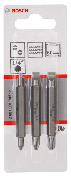 BOSCH Doppelklingenbit-Set, 3-teilig, S0,6x4,5, PH1, S0,8x5,5, PH2, S1,2x6,5, PH3,60mm BOSCH Doppelklingenbit-Set, 3-teilig, S0,6x4,5, PH1, S0,8x5,5, PH2, S1,2x6,5, PH3,60mm
