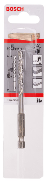 BOSCH Holzspiralbohrer mit 1/4-Zoll Sechskantschaft, 5 x 52 x 99 mm