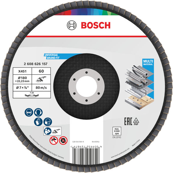 BOSCH X451 Fächerschleifscheibe, 180 x 22,23 mm, K60, Z29, 15-tlg