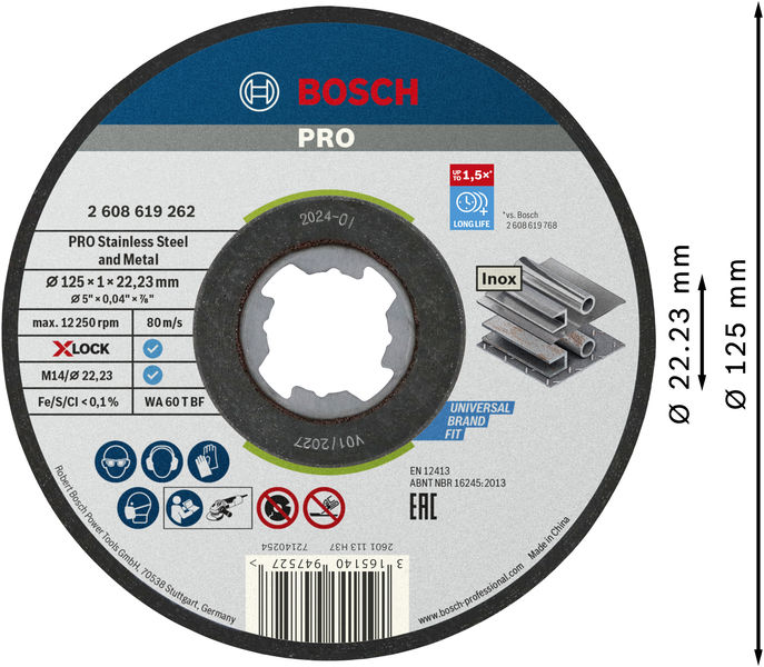BOSCH PRO Stainless Steel and Metal X-Lock Trennscheibe, 125 x 1 x 22.23 mm, gerade