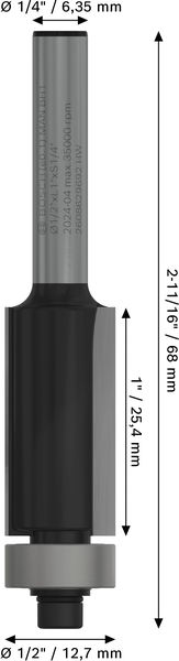 BOSCH PRO Bündigfräser, untenliegendes Führungskugellager, Ø 1/2" x L 1", Schaft 1/4"
