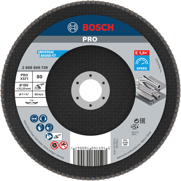 BOSCH PRO X571 Fächerschleifscheibe, gerade, 180 mm, K120 BOSCH PRO X571 Fächerschleifscheibe, gerade, 180 mm, K120