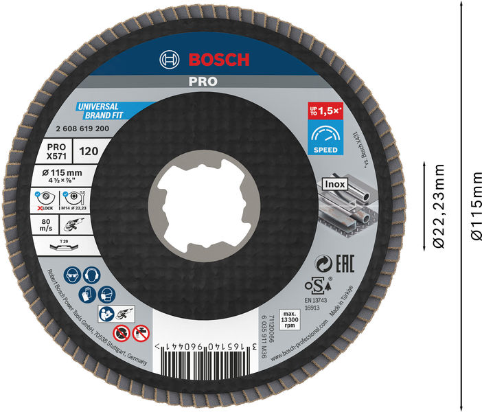 BOSCH PRO X571 Fächerschleifscheibe X-Lock, abgewinkelt, 115 mm, K120