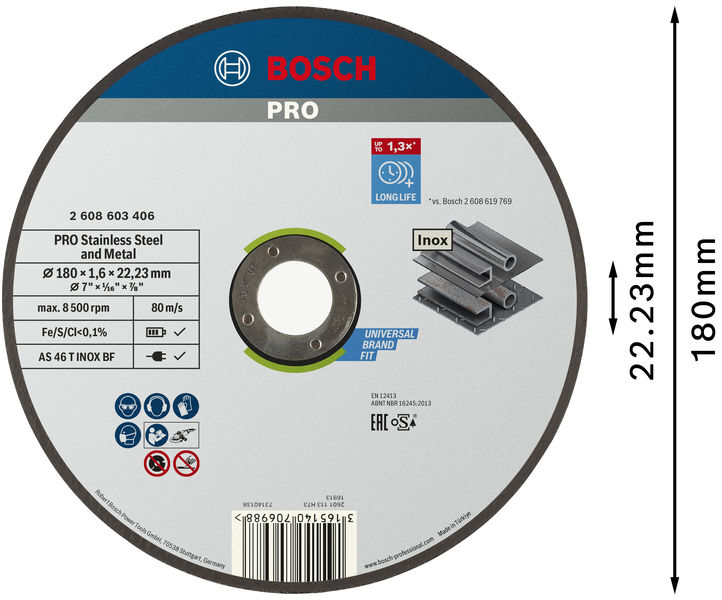 BOSCH PRO Stainless Steel and Metal Trennscheibe, 180 x 1.6 x 22.23 mm, gerade, oSa