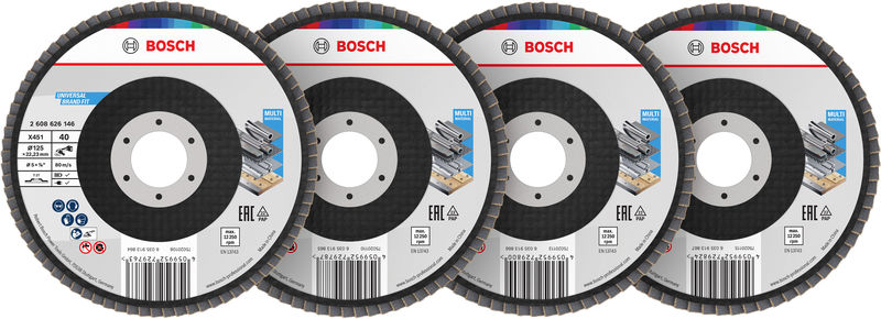 BOSCH X451 Fächerschleifscheiben Set, 125 x 22,23 mm, K40/K60/K80/K120, Z27, 60-tlg BOSCH X451 Fächerschleifscheiben Set, 125 x 22,23 mm, K40/K60/K80/K120, Z27, 60-tlg