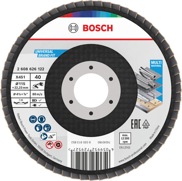 BOSCH X451 Fächerschleifscheibe, 115 x 22,23 mm, K40, Z29, 15-tlg BOSCH X451 Fächerschleifscheibe, 115 x 22,23 mm, K40, Z29, 15-tlg