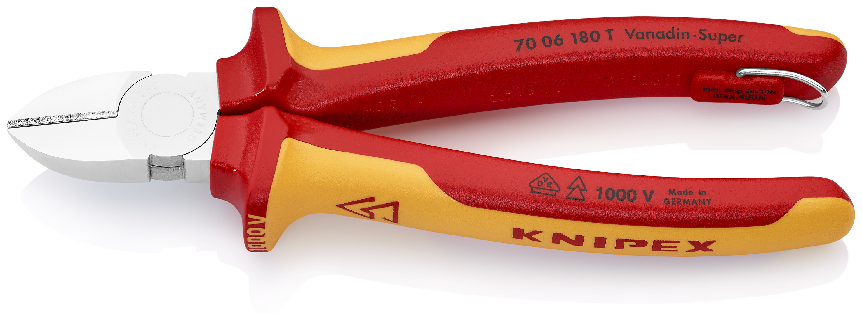 KNIPEX KNIPEX 70 06 180 T Seitenschneider 180 mm verchromt isoliert mit Mehrkomponenten-Hüllen, VDE-geprüft; mit integrierter isolierter Befestigungsöse zum Anbringen einer Absturzsicherung KNIPEX KNIPEX 70 06 180 T Seitenschneider 180 mm verchromt isoliert mit Mehrkomponenten-Hüllen, VDE-geprüft; mit integrierter isolierter Befestigungsöse zum Anbringen einer Absturzsicherung