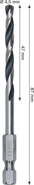 BOSCH Metal HSS Spiralbohrer, 4,5 x 47 x 87 mm, HEX 1/4“ Schaft BOSCH Metal HSS Spiralbohrer, 4,5 x 47 x 87 mm, HEX 1/4“ Schaft