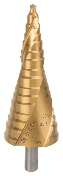BOSCH Stufenbohrer HSS-TiN, für Kabelverschr., M10 - M40, 10 mm, 125,5 mm, 12 Stufen BOSCH Stufenbohrer HSS-TiN, für Kabelverschr., M10 - M40, 10 mm, 125,5 mm, 12 Stufen