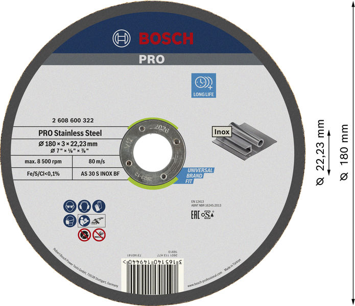 BOSCH PRO Stainless Steel Trennscheibe, 180 x 3 x 22,23 mm BOSCH PRO Stainless Steel Trennscheibe, 180 x 3 x 22,23 mm