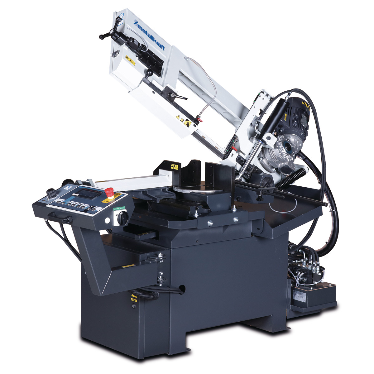 METALLKRAFT Vollhydraulische Schwenkrahmen-Metallbandsäge mit Halbautomatik für Gehrungsschnitte von +60° bis -45° BMBS 230 x 280 HA-DG