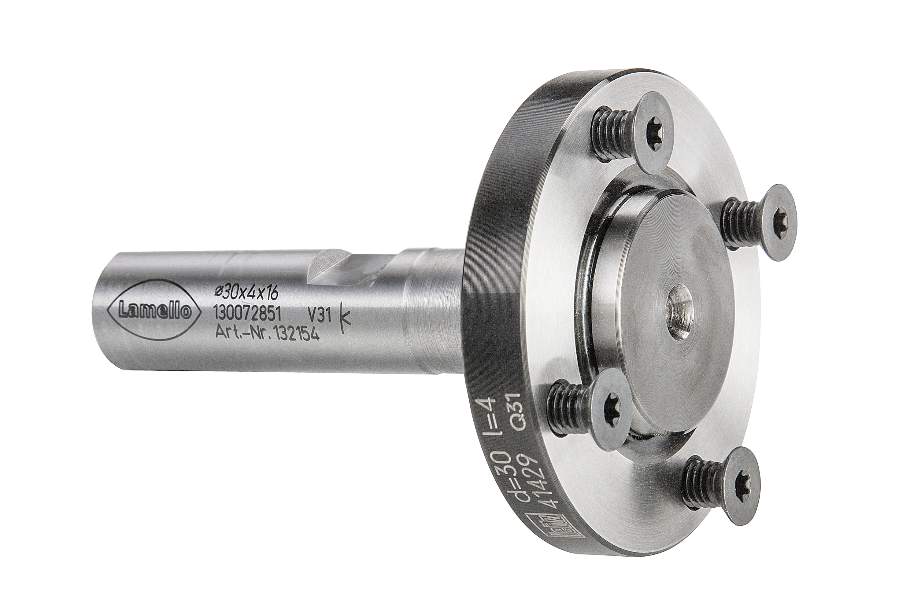 LAMELLO Fräsdorn CNC für P-System Nutfräser, Spannfläche 2, Ø30 mm, Schaft Ø16x50 mm, L 85 mm, NL 4xM4xØ48 mm LAMELLO Fräsdorn CNC für P-System Nutfräser, Spannfläche 2, Ø30 mm, Schaft Ø16x50 mm, L 85 mm, NL 4xM4xØ48 mm