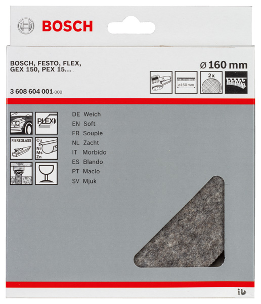 BOSCH Polierfilz für Exzenterschleifer, weich, Klett, 160 mm, 2er-Pack BOSCH Polierfilz für Exzenterschleifer, weich, Klett, 160 mm, 2er-Pack