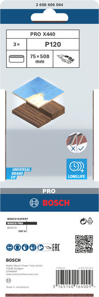 BOSCH PRO X440 Schleifband, 75 x 508 mm, G120, 3-tlg. BOSCH PRO X440 Schleifband, 75 x 508 mm, G120, 3-tlg.