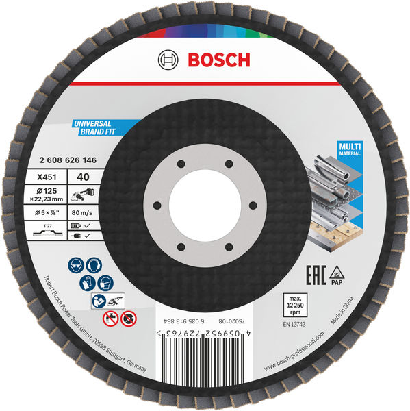 BOSCH X451 Fächerschleifscheibe, 125 x 22,23 mm, K40, Z27, 15-tlg