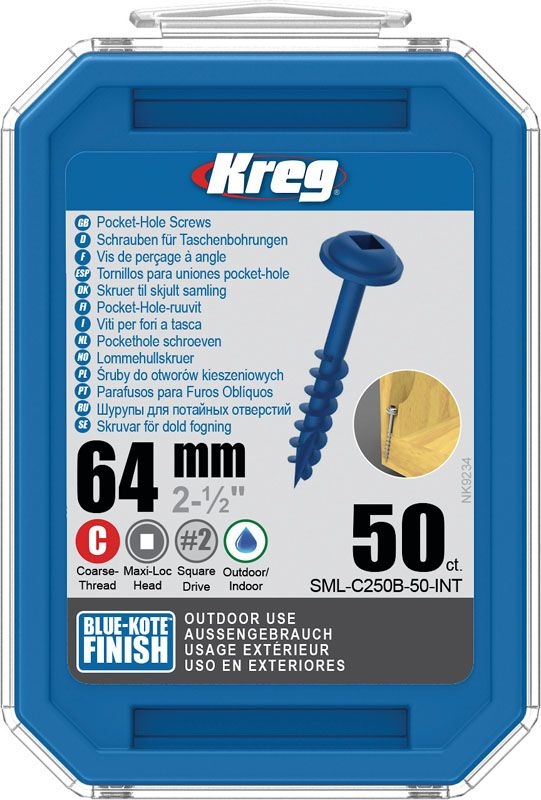 KREG Kreg Pocket-Hole Schrauben 64 mm, Blue-Kote™, Maxi-Loc, Grobgewinde, 50 Stück KREG Kreg Pocket-Hole Schrauben 64 mm, Blue-Kote™, Maxi-Loc, Grobgewinde, 50 Stück