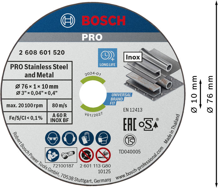 BOSCH Expert for Inox 5-tlg. x 76 x 1 x 10-mm-Trennscheibe